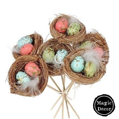 Великодній декор на штекері натуральне гніздо з яйцями 011-024 фото