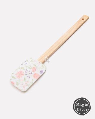 Кухонна дерев‘яна селіконова лопатка для тіста з квітами 007-099 фото