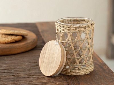 Скляна банка для сипучих з бамбуковою кришкою та солом’яним плетінням морський стиль Прованс фарм 005-027 фото