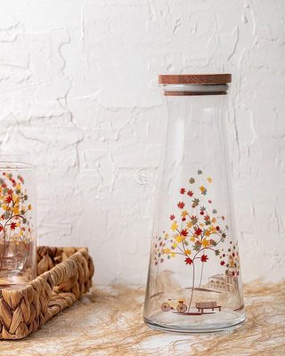 Скляний графін ваза з дерев’яною кришкою осіннє листя 011-162 фото