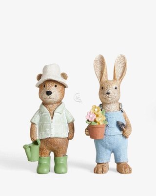Декоривні садові статуетки кролик з квітами ведмедик з лійкою весняні фігурки 003-057 фото